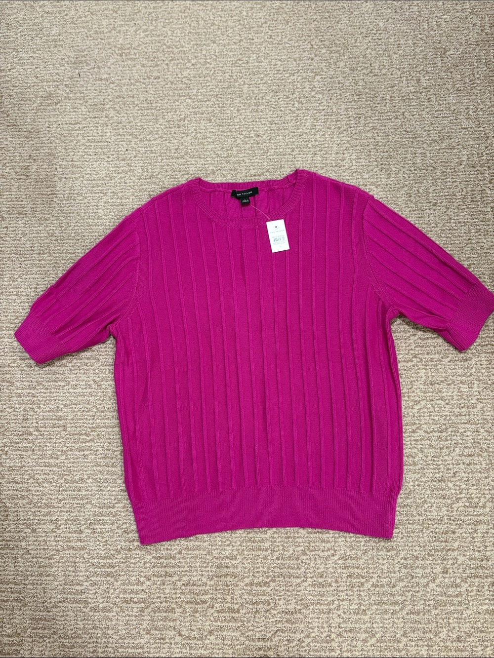 Ann Taylor Ribbed Short-Sleeve Crew Sweater - Fuchsia